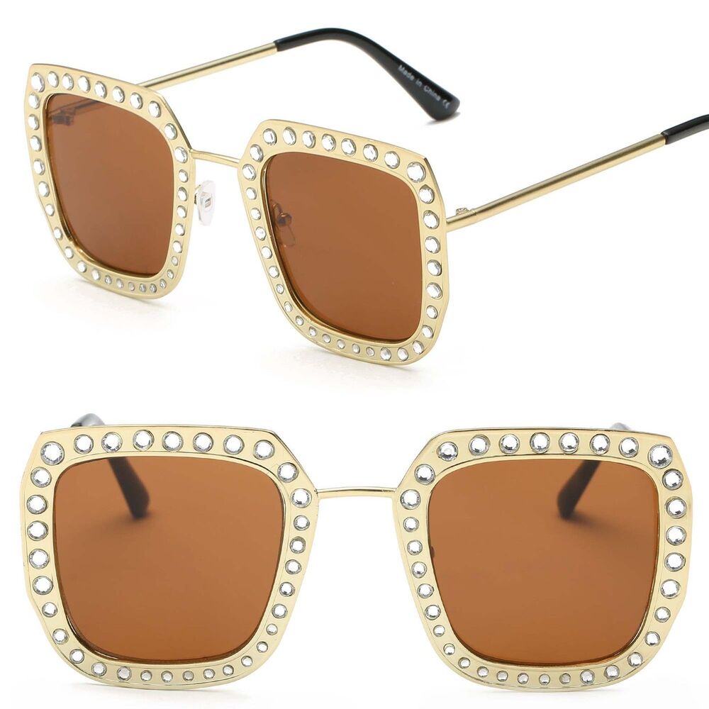 Metal Square Bling Rhinestone Luxury Women Fashion Gold Brown Lens Sunglasses